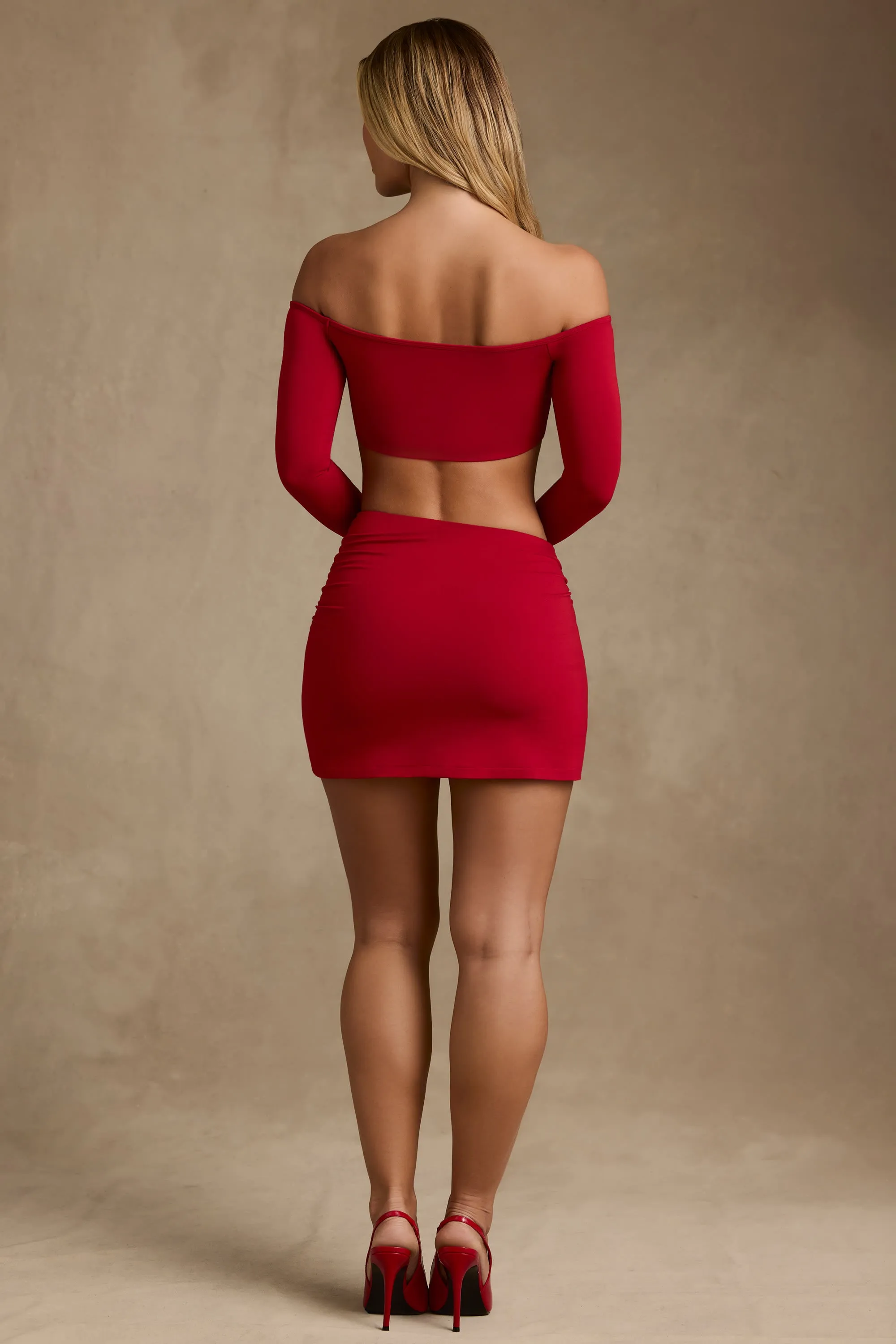 Modal Asymmetric-Waist Mini Skirt in Red Street Look