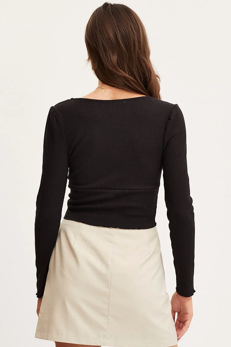 Adjustable Waistbands Winter Fashion Black Crop Top Long Sleeve