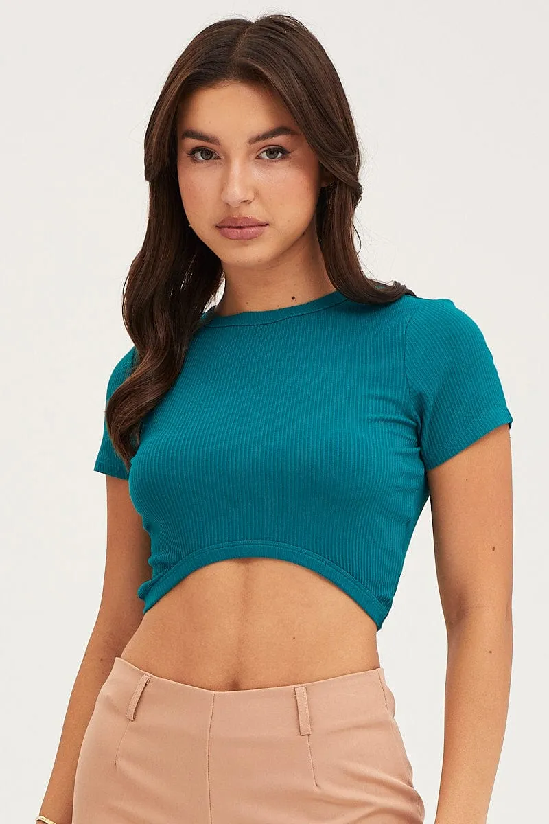 Casual Design Green Curved Hem T Shirt Ribbed