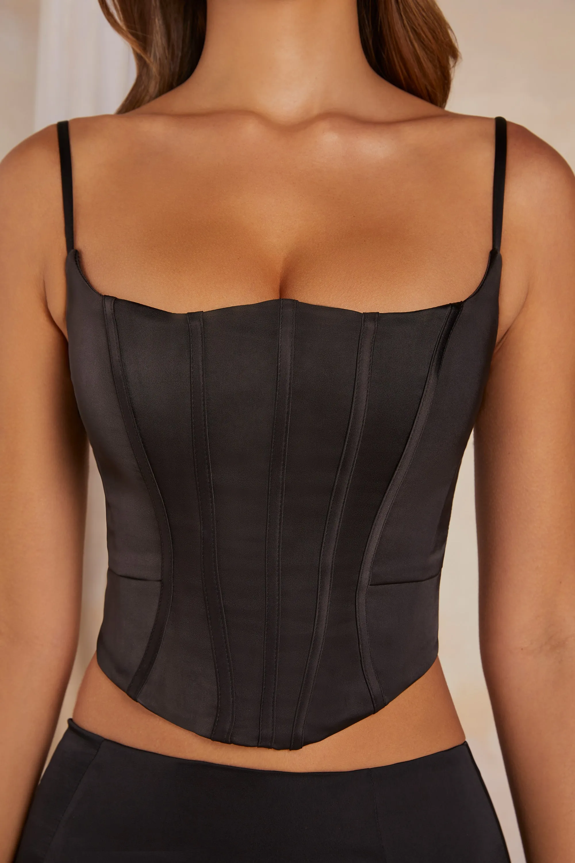 Lace Up Back Satin Corset in Black Trendy Jacket