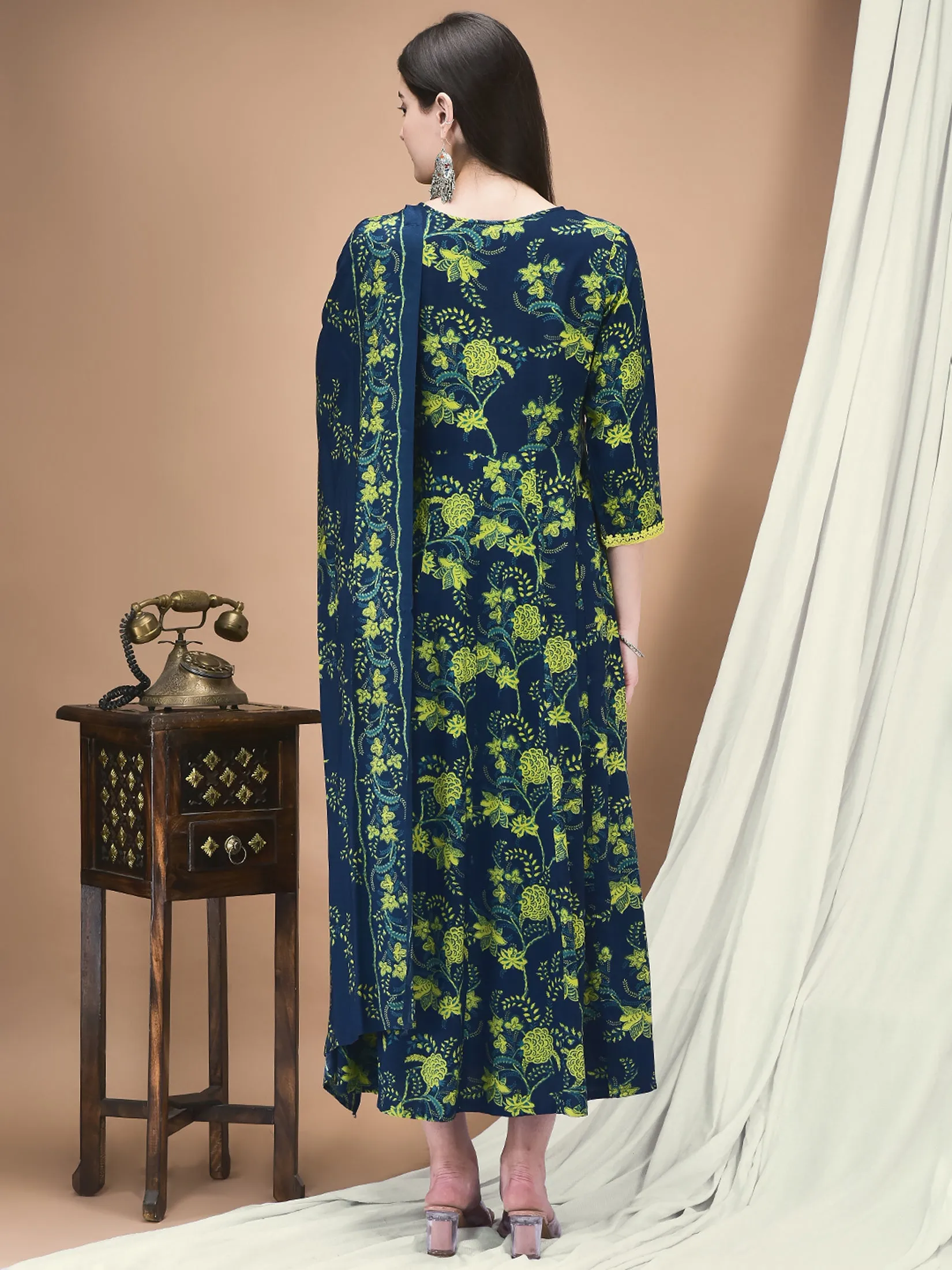 Women Liva Blue Floral Print Dress With Dupatta Easy Tunic