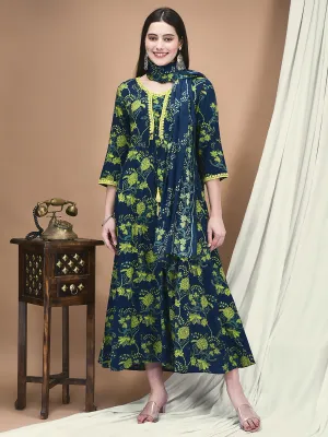 Meta Mood Fairy Touch Women Liva Blue Floral Print Dress With Dupatta