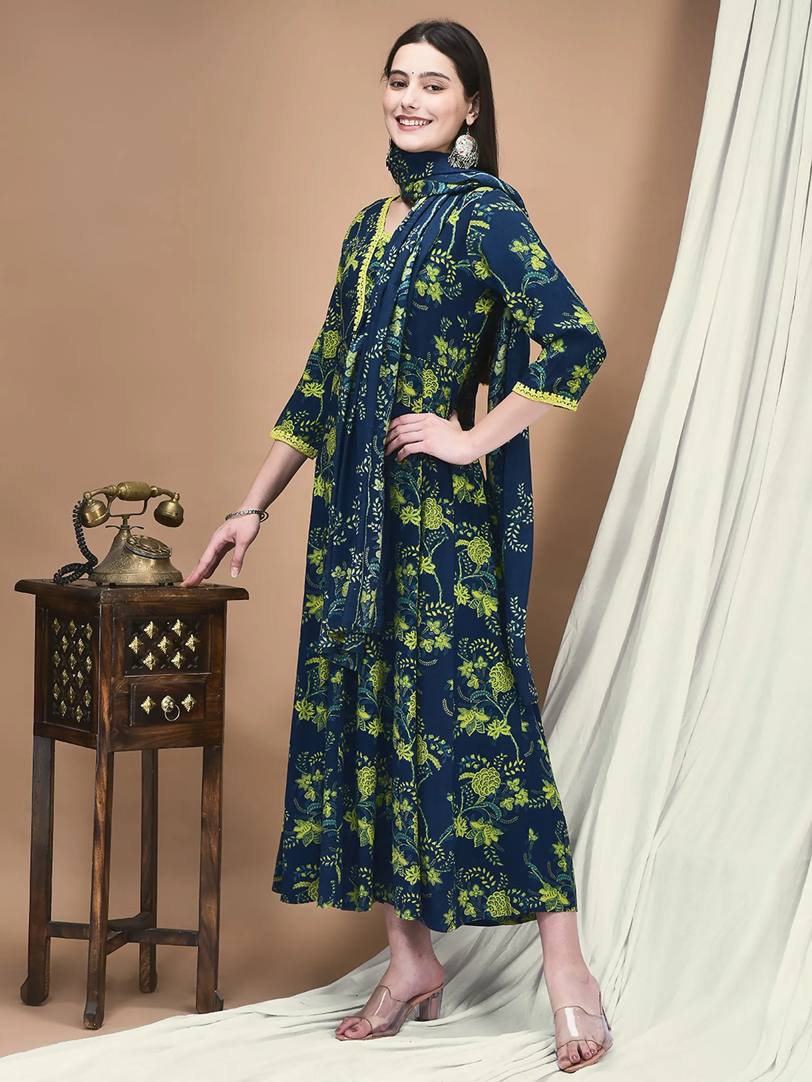 Focus Mood Nordic Light Women Liva Blue Floral Print Dress With Dupatta