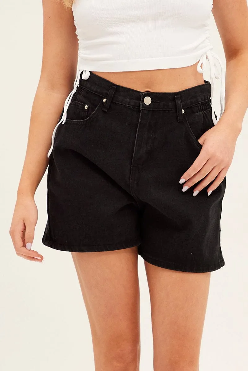 Black High Waist Denim Shorts Relaxed mountain style Eco Friendly Dye