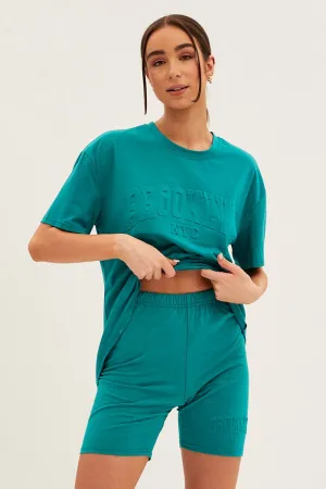 Green Textured Tee And Biker Shorts Set Peace Core