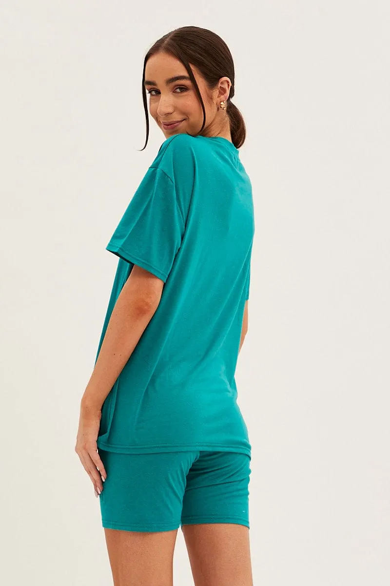Cool Sweater Antibacterial lining Green Textured Tee And Biker Shorts Set