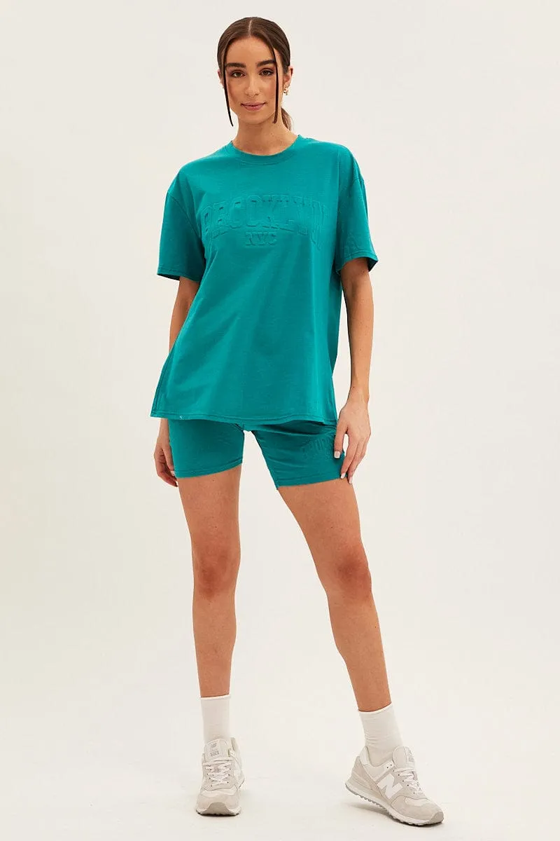 Everyday Look Green Textured Tee And Biker Shorts Set