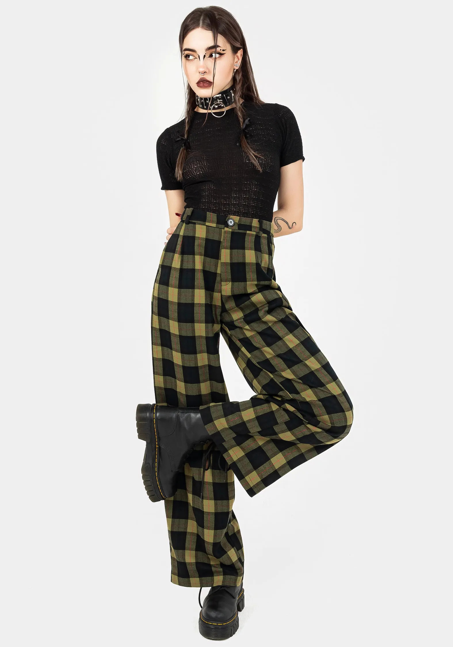 No Gap Waist Construction Sustainable Material Blend Rapture Wide Leg Check Trousers