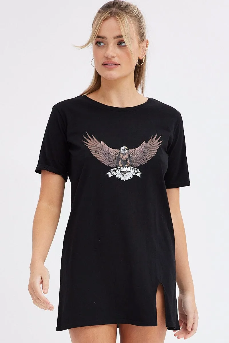 Lift Mode Cozy Layer Black Tee Dress Short Sleeve Graphic Print