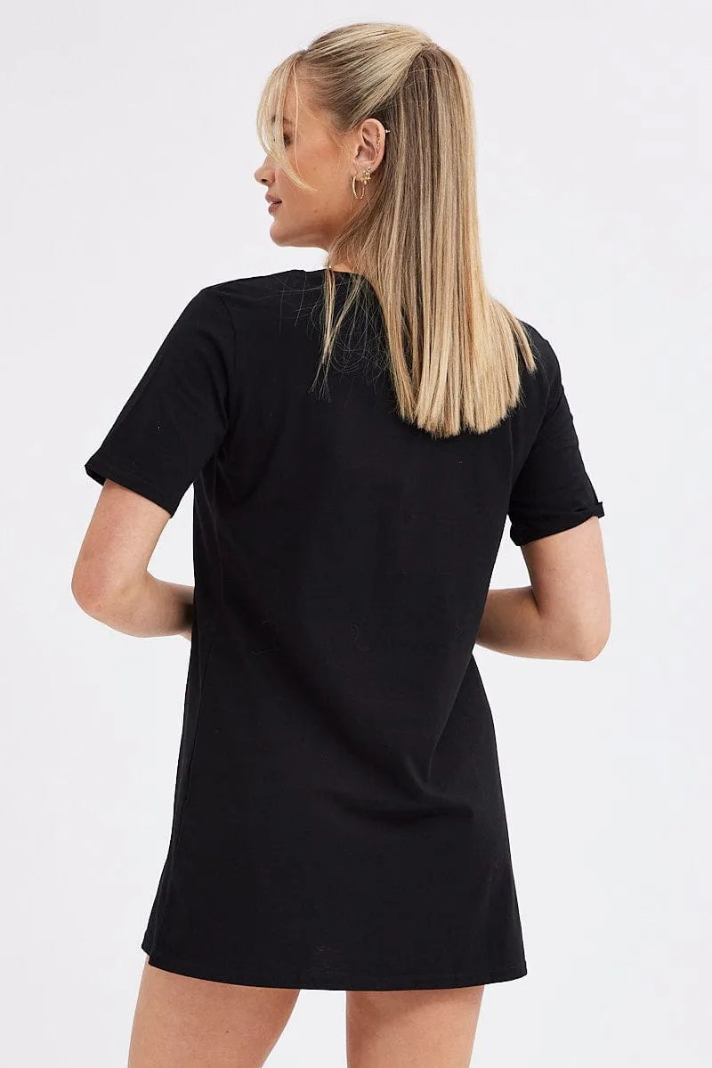 Black Tee Dress Short Sleeve Graphic Print Evening Chic Royal Mode