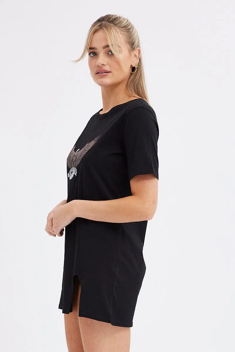 Black Tee Dress Short Sleeve Graphic Print Trendy Cut