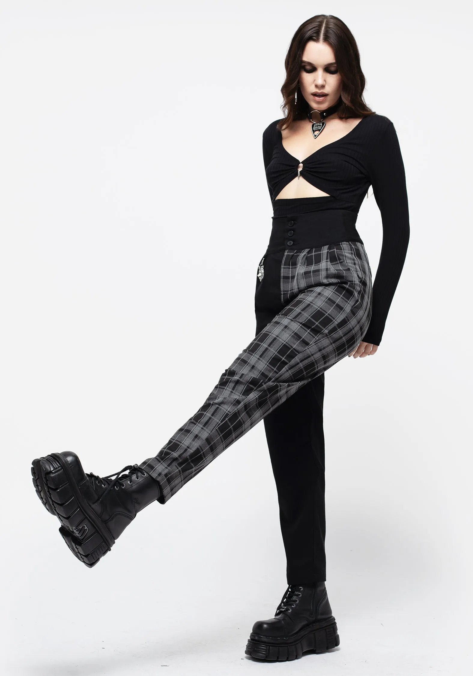 Trendy Look Fenrir High Waisted Check Tapered Trousers