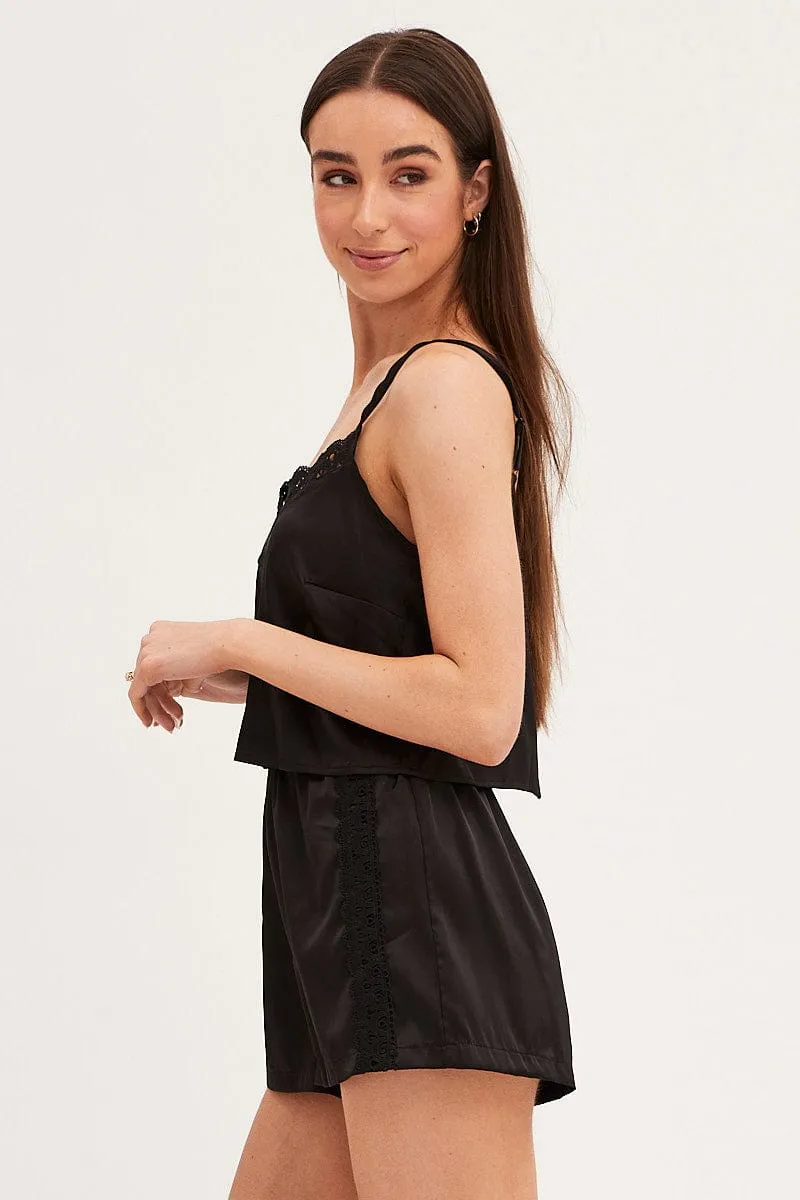 Black Pyjamas Set Sleeveless Cami Shorts Satin snowboarding apparel Hot Day