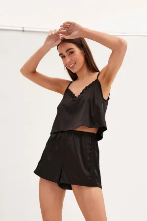 Black Pyjamas Set Sleeveless Cami Shorts Satin Holiday Gift Everyday Basic