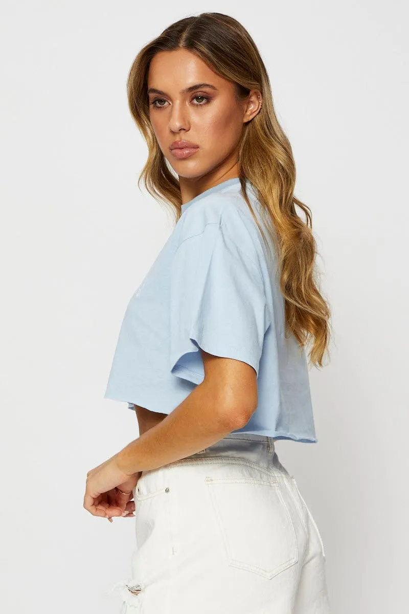 Blue Graphic T Shirt Short Sleeve Crop Perfect for Layering