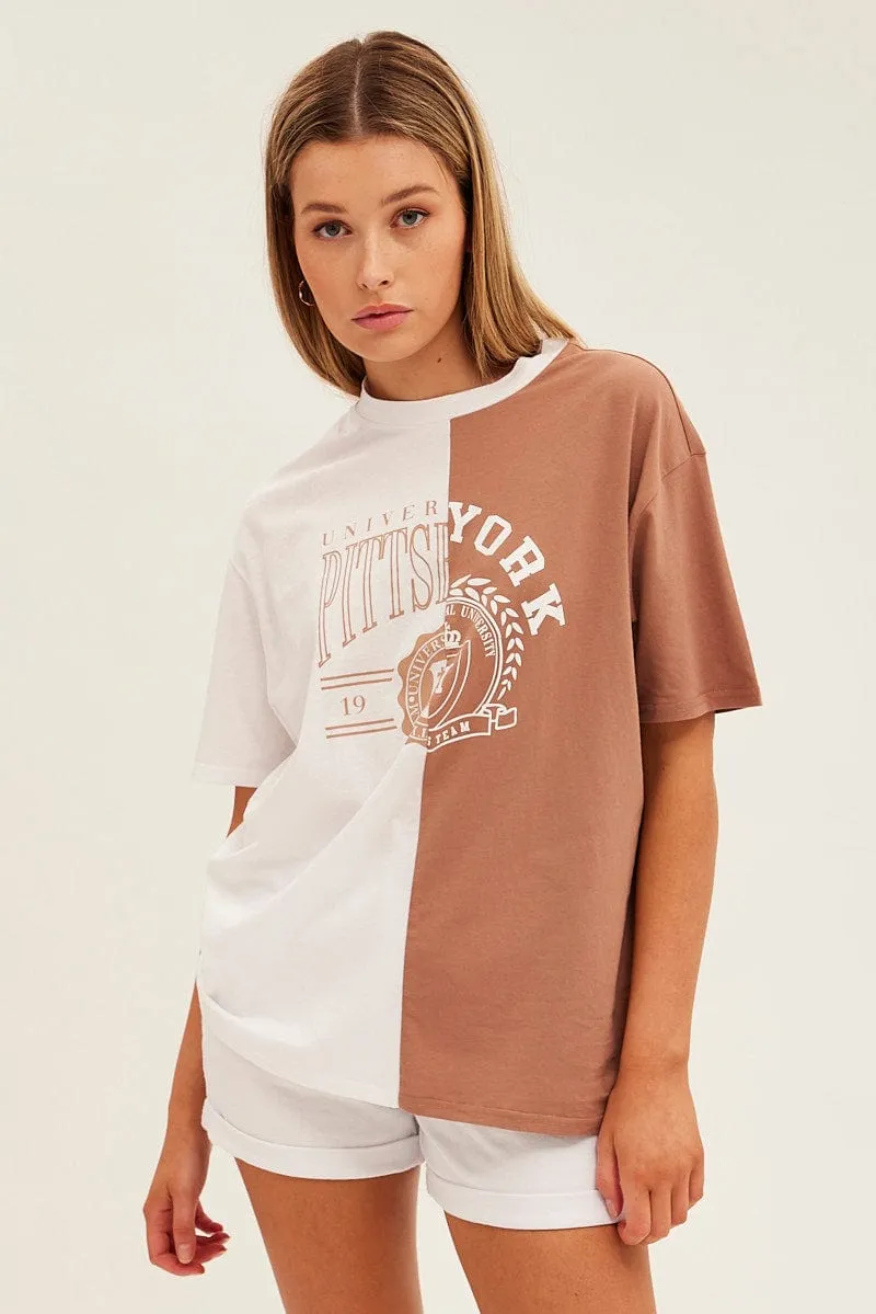 Denim combination crew neck Multi Colour Graphic T-Shirt Collegiate Mash Up Short Sleeve