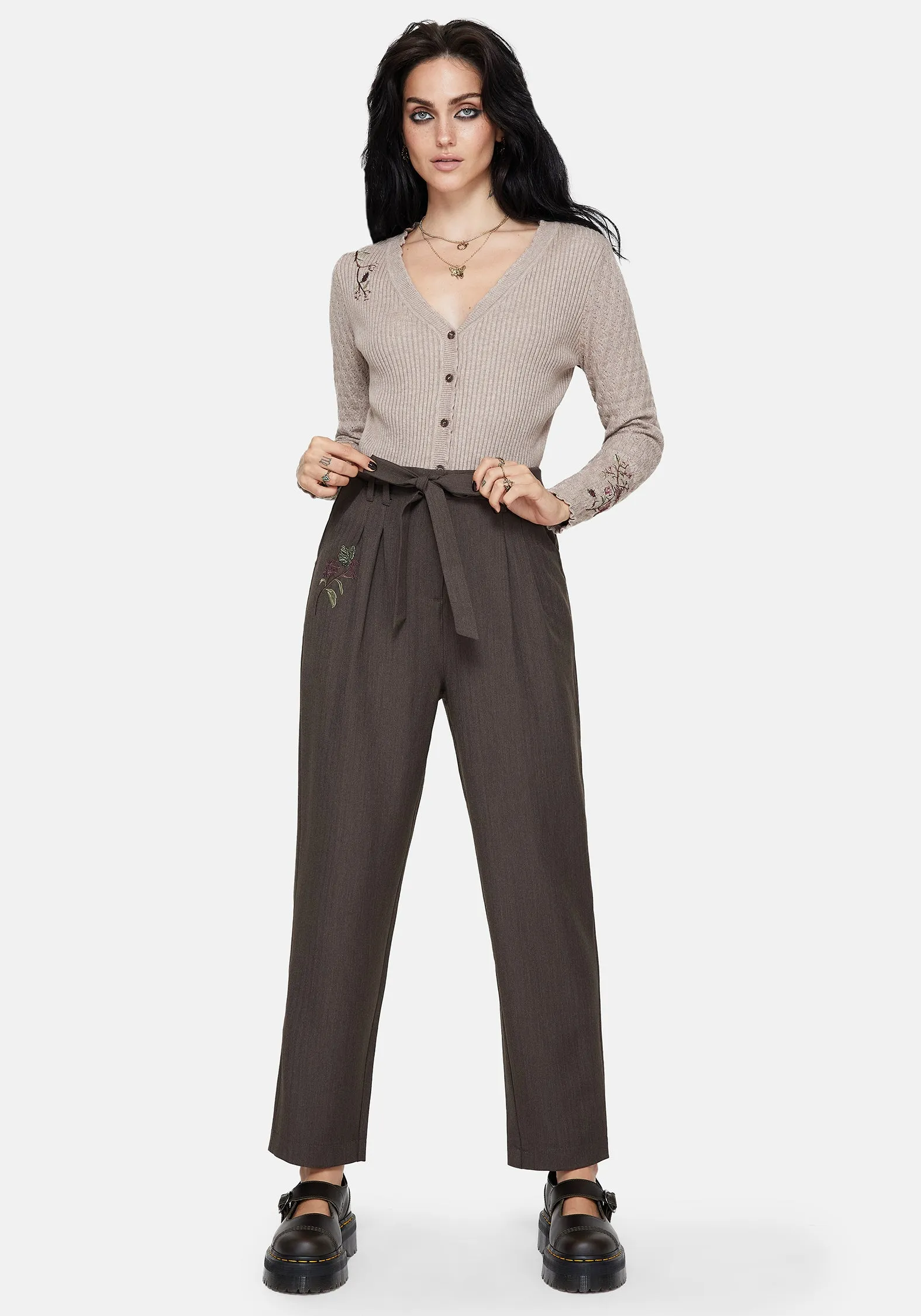 Meliae Moth Embroidered Tapered Trousers Fashion Staple