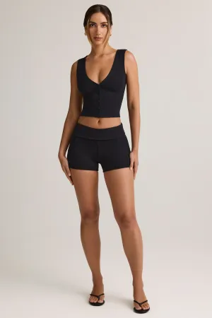 Modal Ribbed Mid-Rise Foldover Shorts in Black Flexible Design Beach-Ready Look