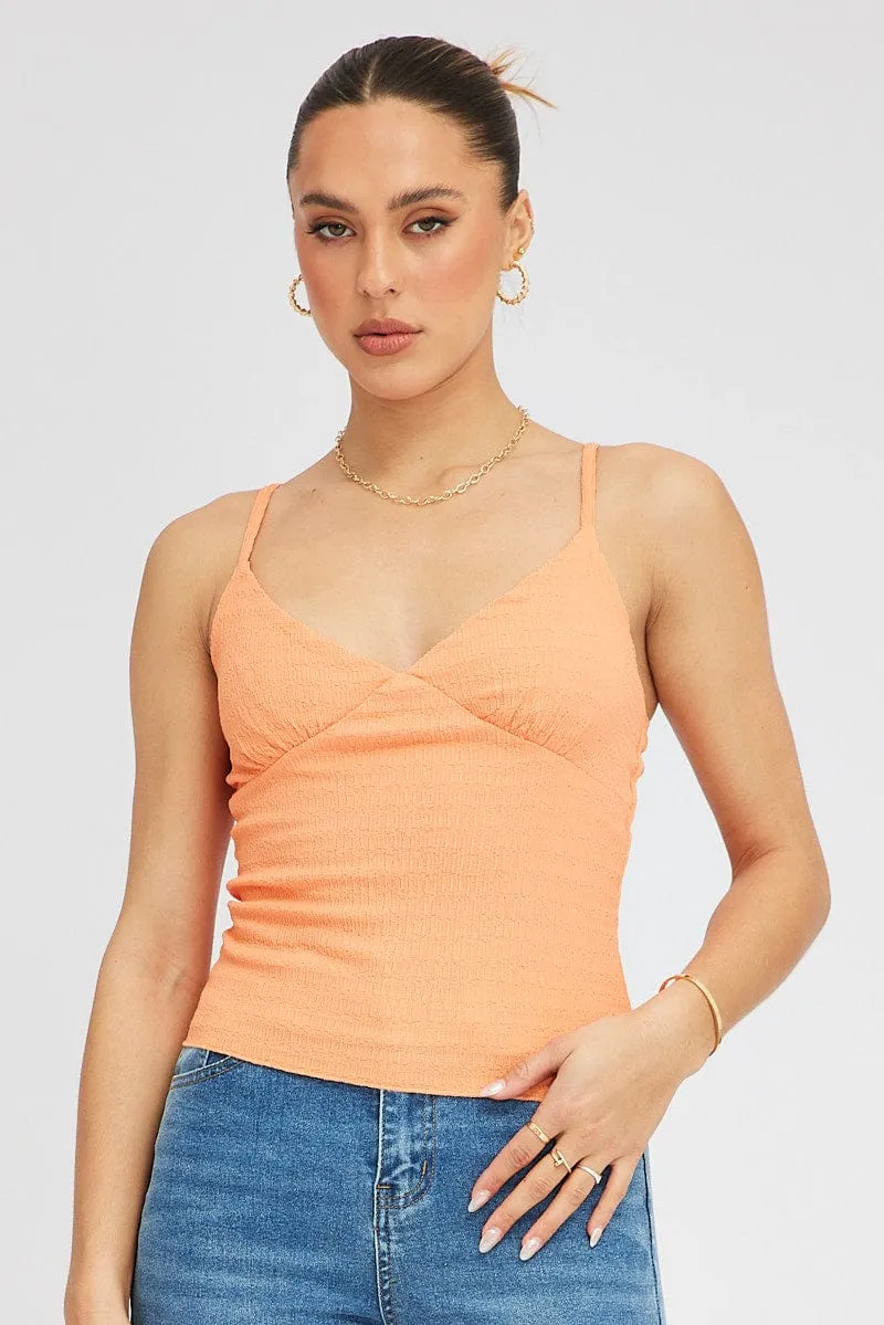 StretchPaneling Orange Singlet Top Textured Cotton
