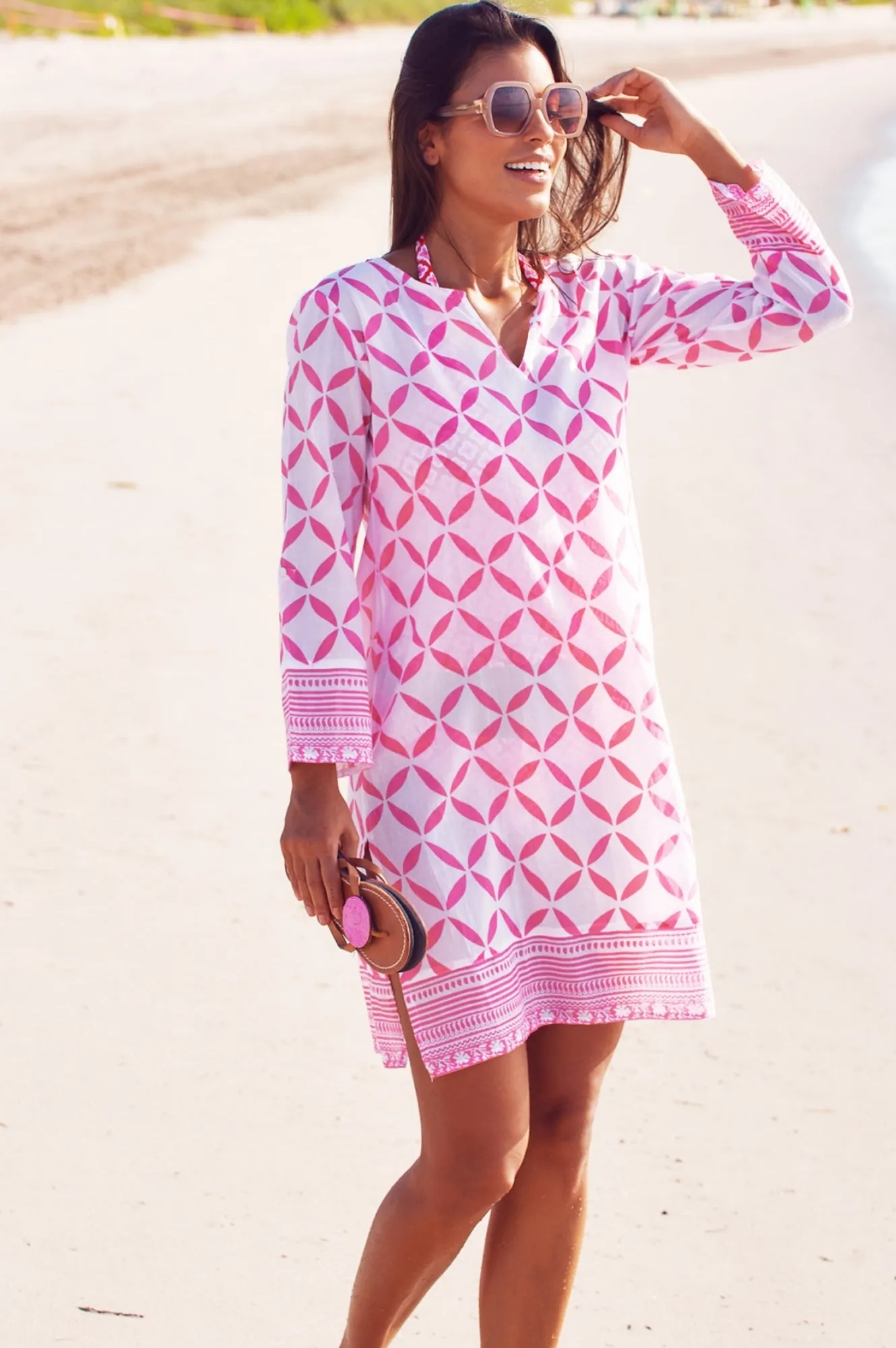 Guadalupe Short Organic Cotton Tunic | Shibori White/Pink Easy Care