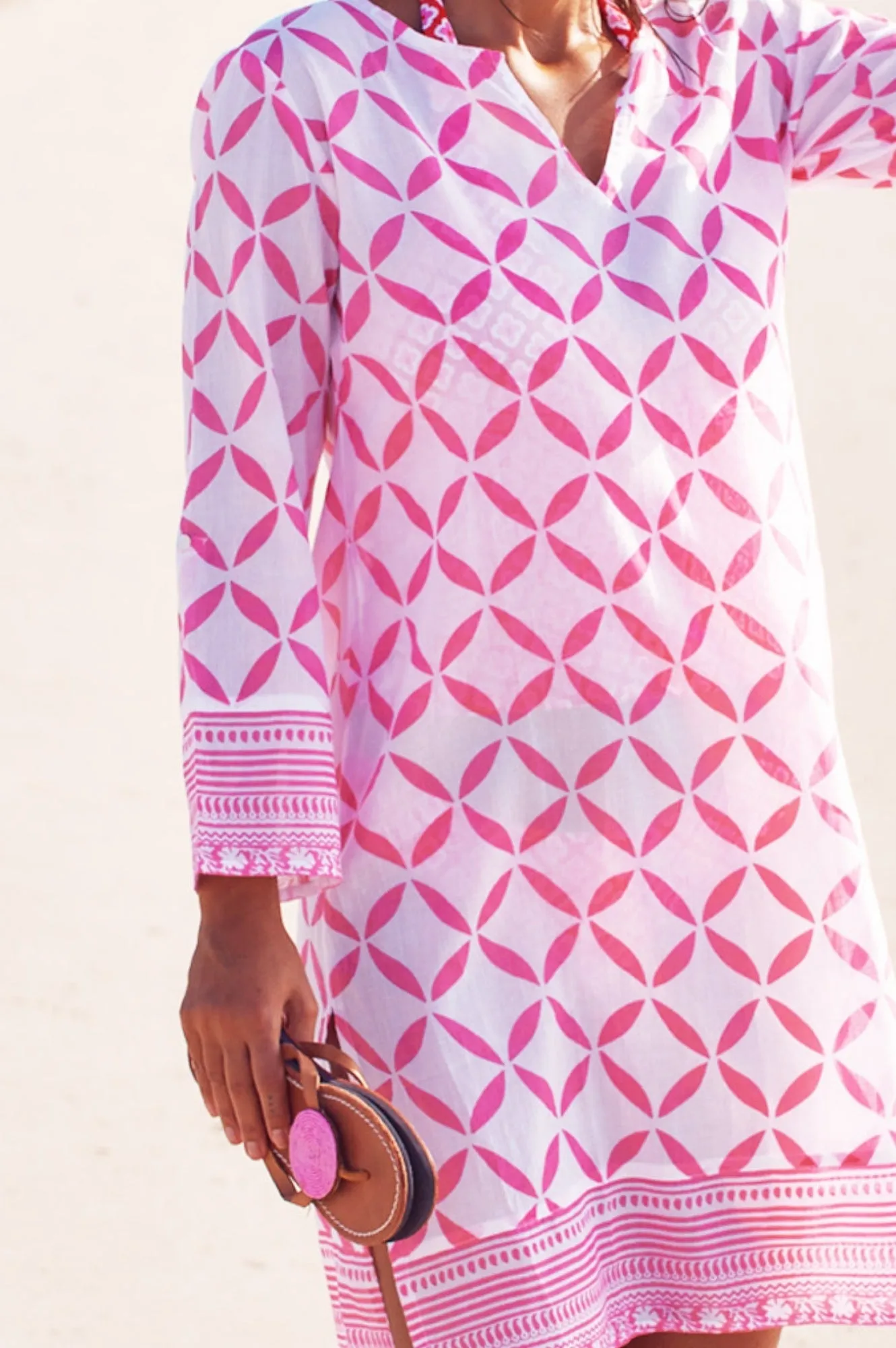 Trendy Print Guadalupe Short Organic Cotton Tunic | Shibori White/Pink