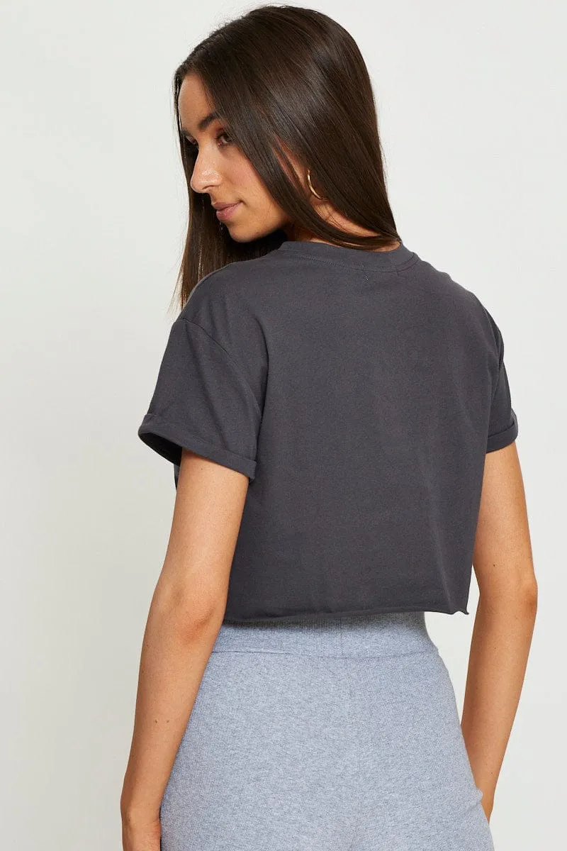 VintageWashEffect Grey Jersey T-Shirt Short Sleeve Crop