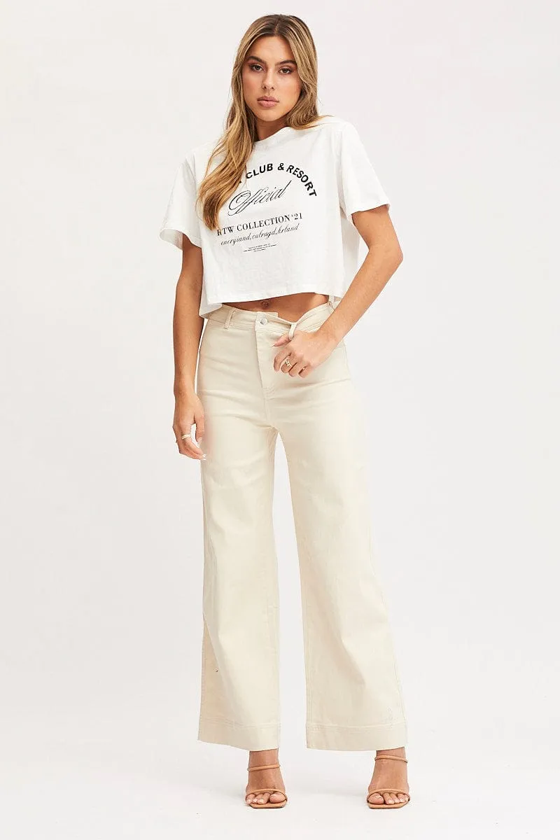 White Graphic T-Shirt Short Sleeve Crop Contrast Inner Binding Quick Dry Technology