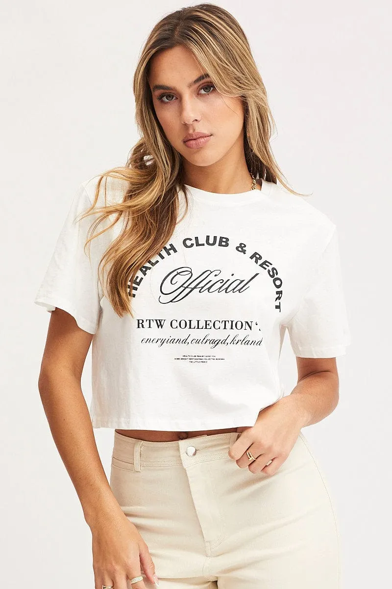 Chic And Comfortable Brushed Interior Lining White Graphic T-Shirt Short Sleeve Crop