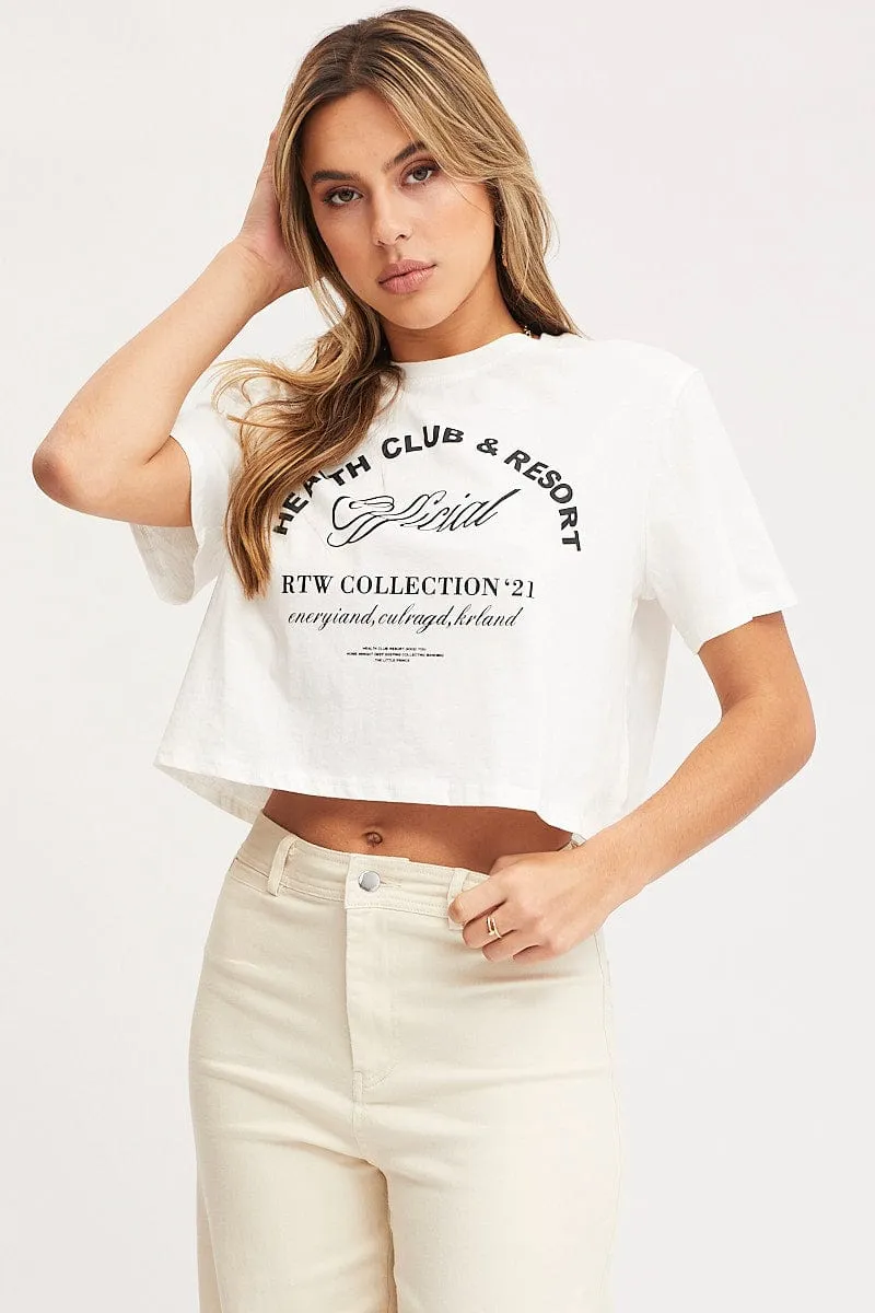 Comfortable Layering White Graphic T-Shirt Short Sleeve Crop