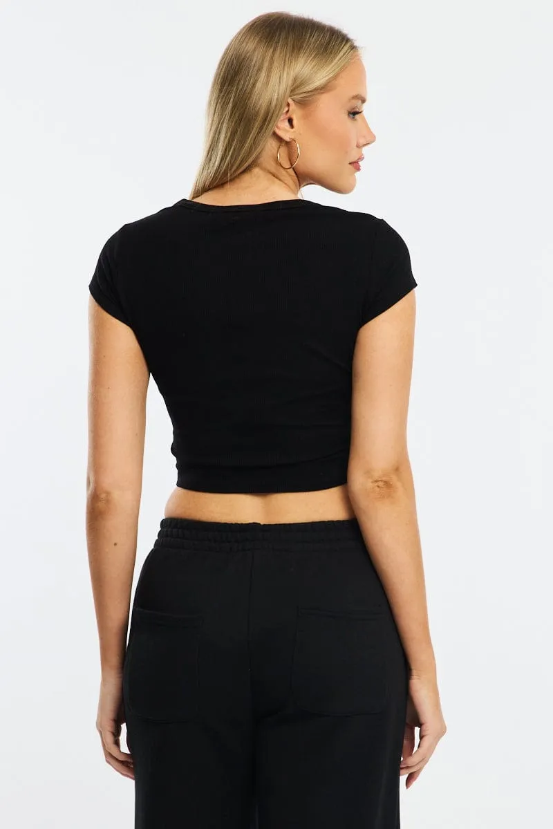 Black T-shirt Short Sleeve Henley Neck Rib Energy Mood