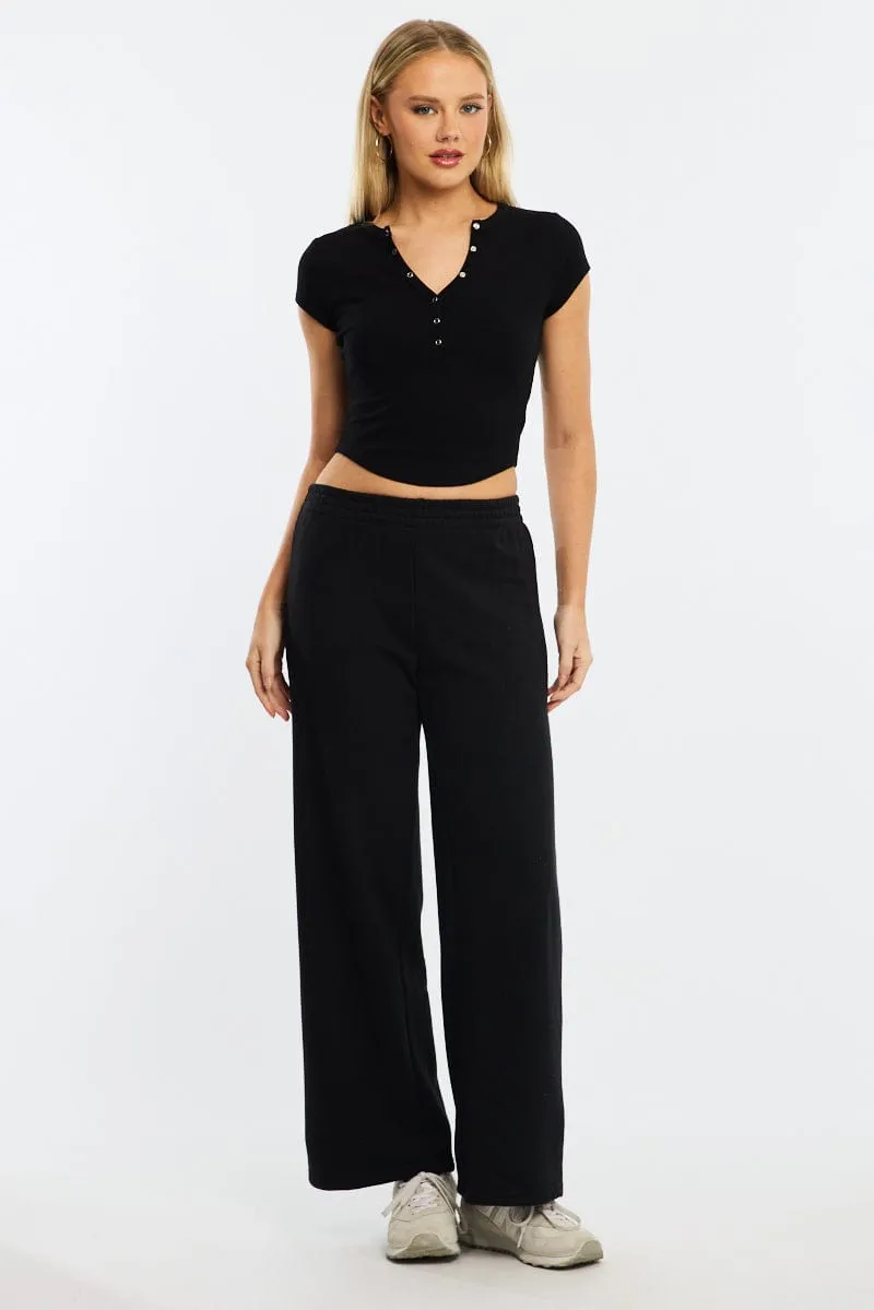 Cozy Pajama Pants Black T-shirt Short Sleeve Henley Neck Rib