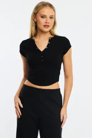 Warm Base Morning Walk Black T-shirt Short Sleeve Henley Neck Rib