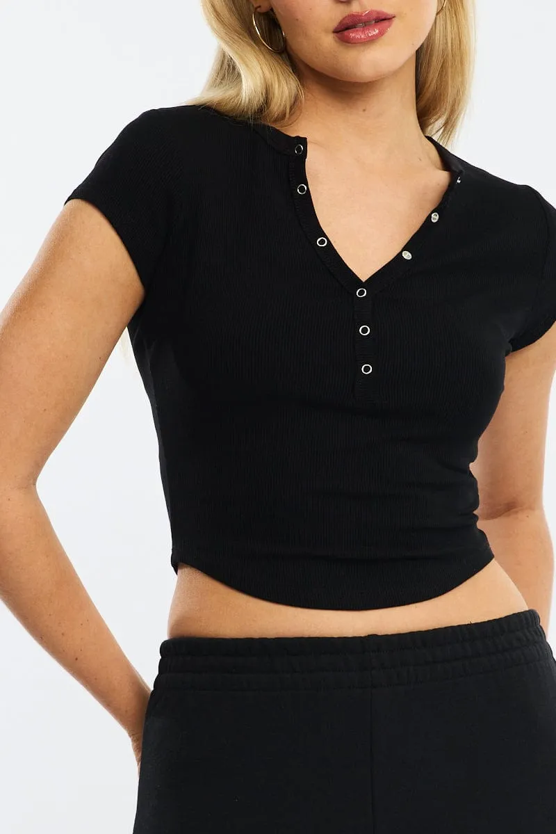 Black T-shirt Short Sleeve Henley Neck Rib World Glow