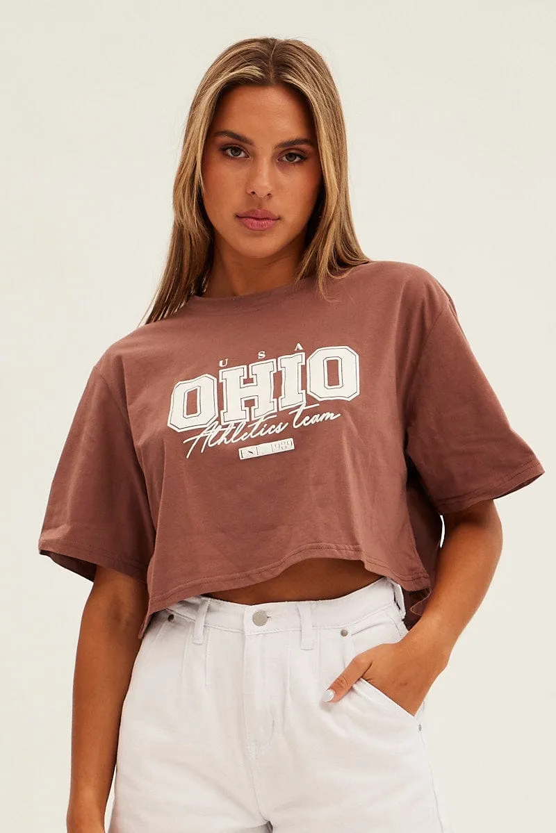 Brown Graphic T-Shirt Ohio Crew Short Sleeve Perfect Comfort Wear Leather combination