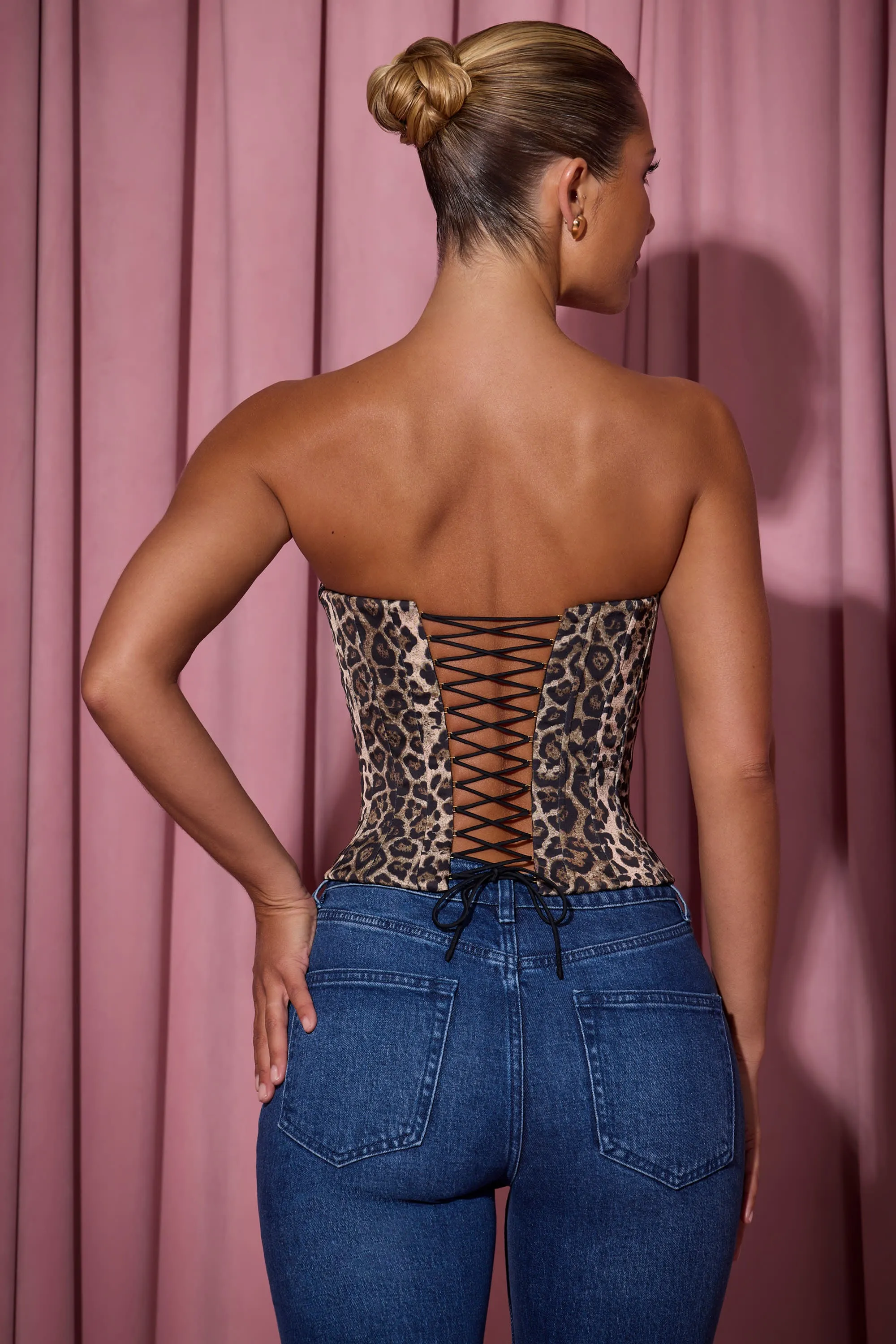 Saga Fit Full-Length Lace-Up Corset Top in Leopard Print