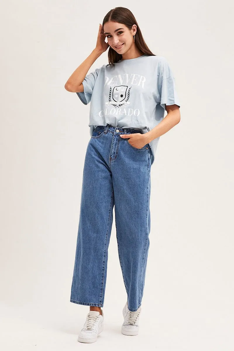 Blue Graphic T Shirt High Density Weave Urban Trend Look