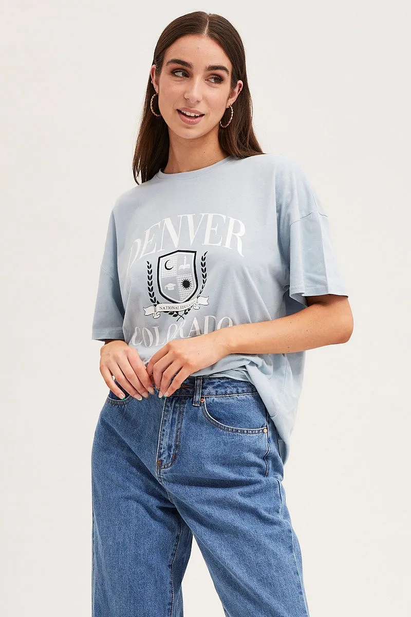Cozy Look Wear Ribbed Neckline Blue Graphic T Shirt