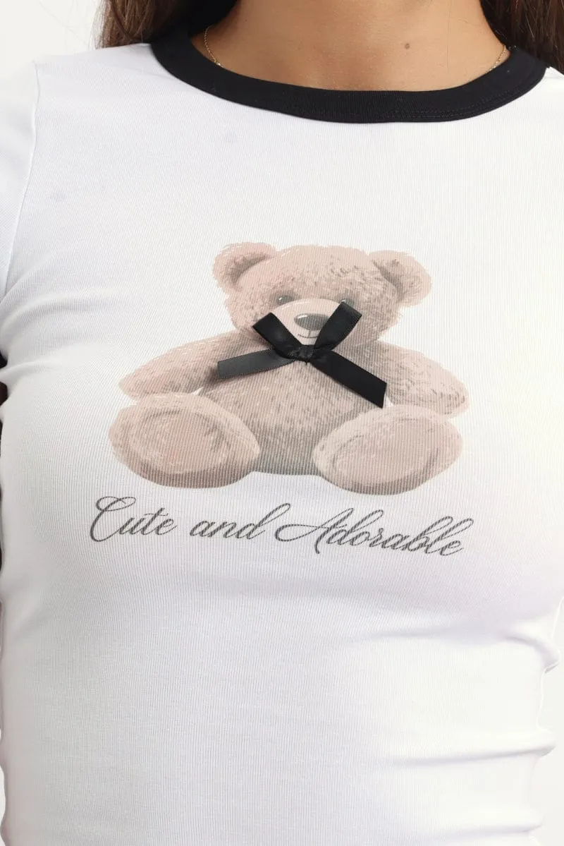 White Graphic Tee Short Sleeve Simple Comfort Ribbed Collar Design