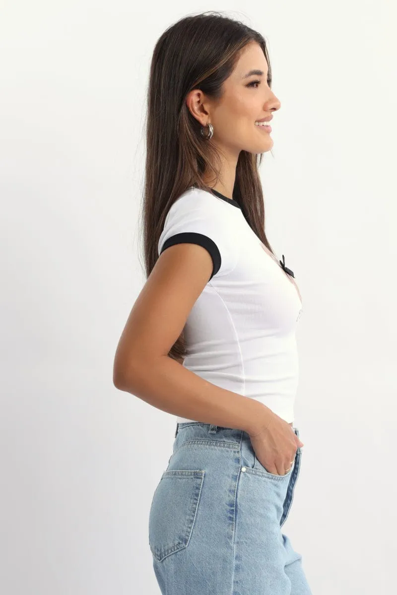 White Graphic Tee Short Sleeve Seam Free Back