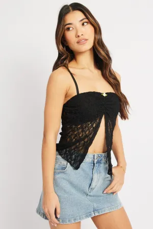ZeroWaste Production Adjustable Drawcord Black Lace Butterfly Top Singlet