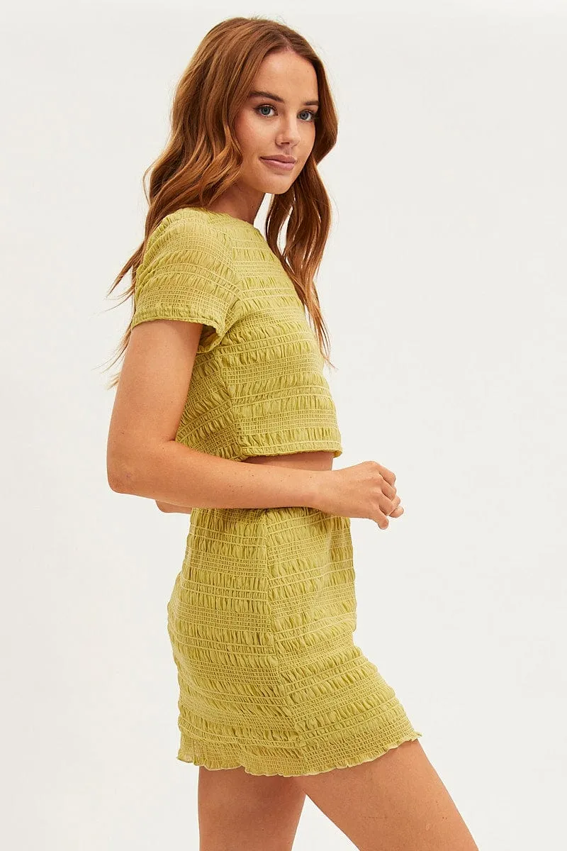 High-Waisted Pants Green Mesh T-Shirt Gathered Texture Detail Short Sleeve