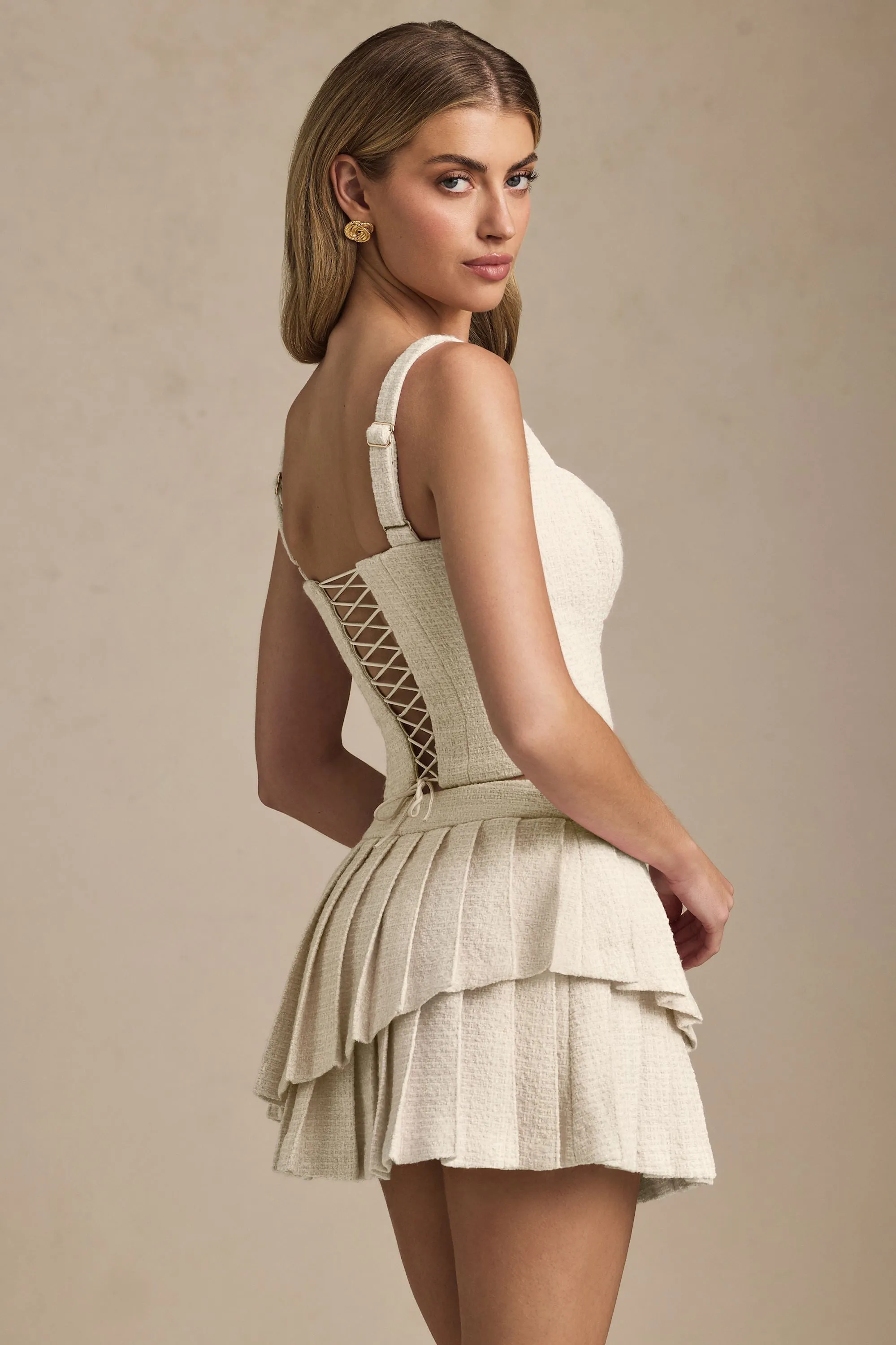 Layered Pleated Low-Rise Mini Skirt in Ivory Limited Edition smooth zipper