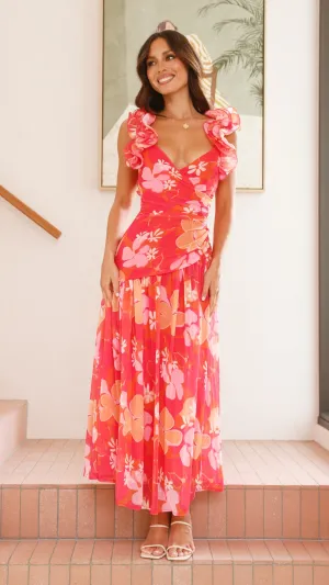 This maxi dress can be worn with a variety of shoes and accessories to create a unique look Shimmer Light Alma Maxi Dress - Blood Orange