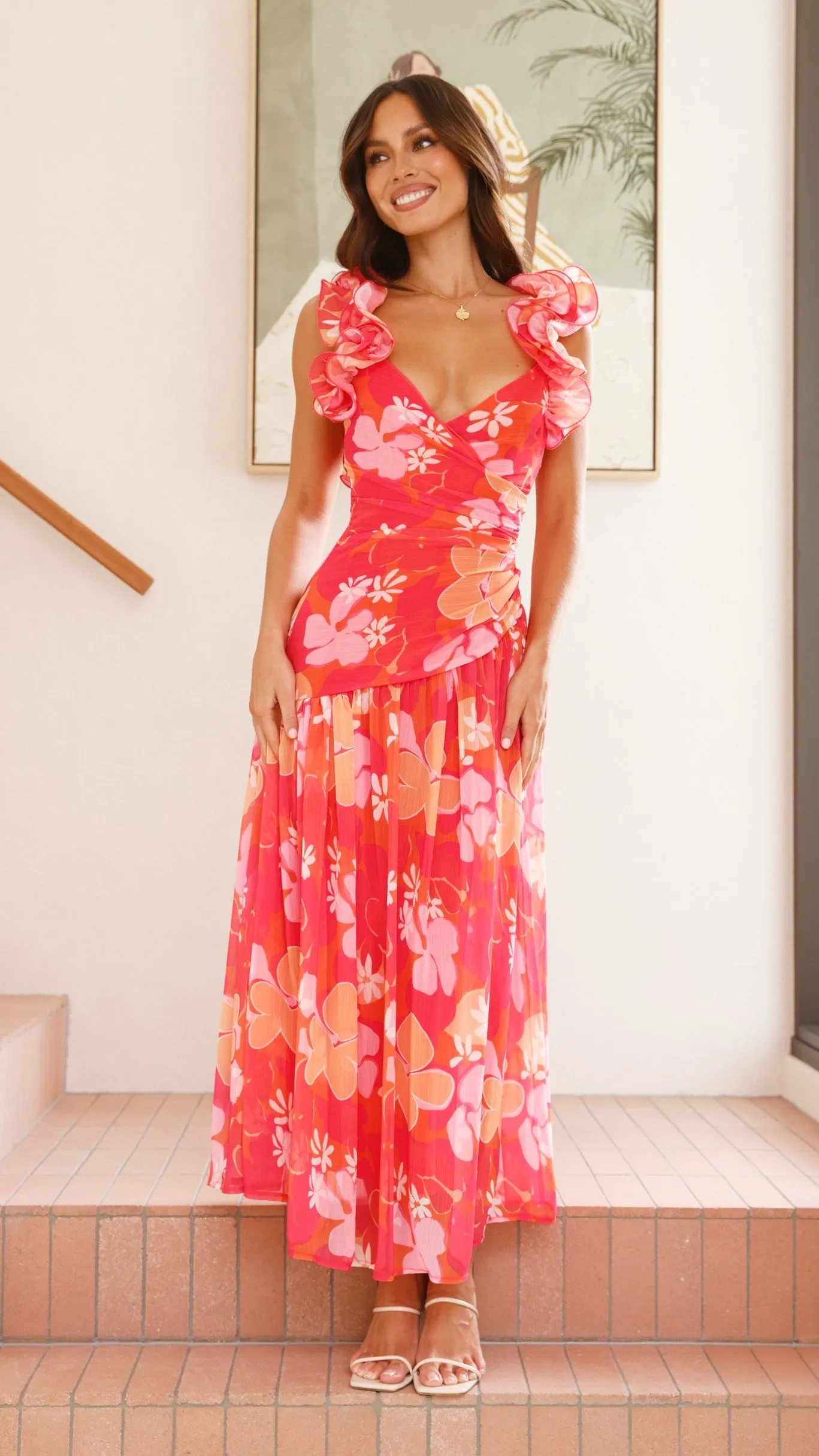 This maxi dress can be worn with a variety of shoes and accessories to create a unique look Shimmer Light Alma Maxi Dress - Blood Orange
