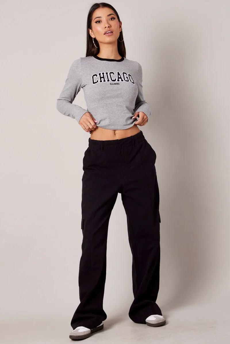 Grey Graphic Tee Long Sleeve HeatResistantMaterial Effortless Vibe