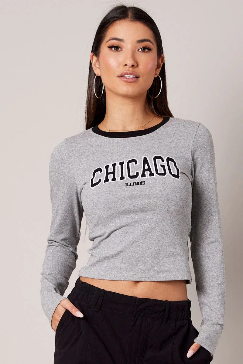 Premium Cotton Blend Comfortable And Trendy Grey Graphic Tee Long Sleeve