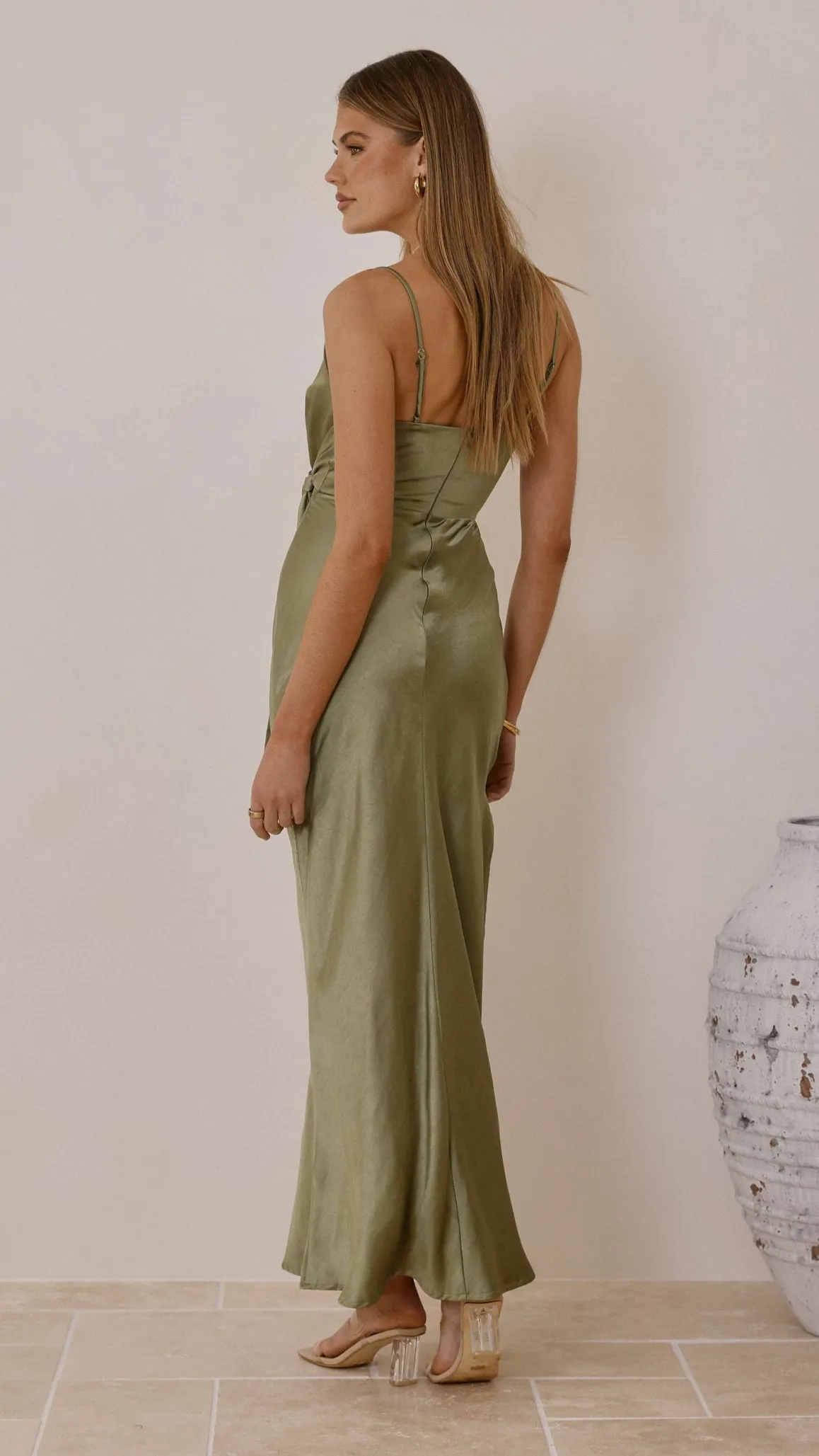 Tile Glow This dress works effortlessly for a variety of events providing both comfort and style Yasmeen Tie Front Maxi Dress - Olive