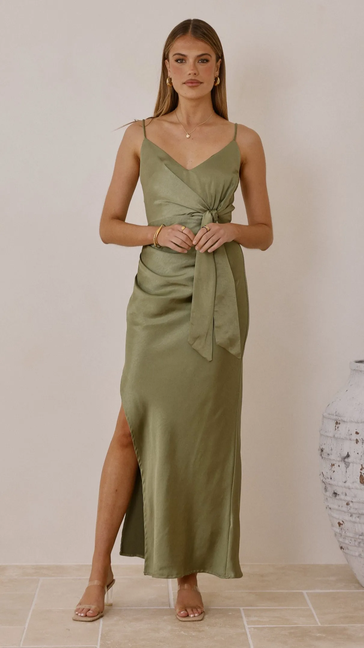 Scandi Clean Soft Dawn Yasmeen Tie Front Maxi Dress - Olive