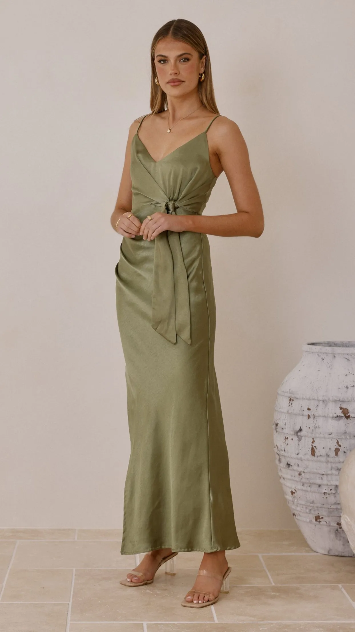 Yasmeen Tie Front Maxi Dress - Olive Bead Shine The sleek lines of this maxi dress create a flattering and elegant look for any event