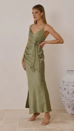Yasmeen Tie Front Maxi Dress - Olive Classic sleeveless floor dress